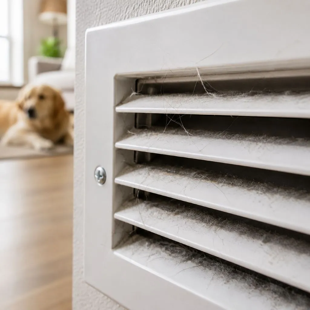 Close up of a wall vent with fur and dander tangled in the slats, a golden retriever visible nearby, showing pet dander in air ducts Cary NC