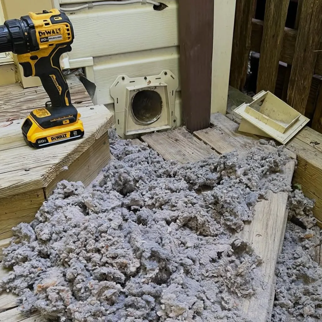 Large lint pile on a deck beside a removed exterior vent cover and drill, showing dryer vent cleaning Cary NC lint removal